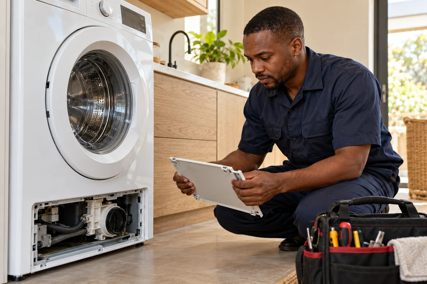 Illustrative scene of a technician assessing a washing machine in a home